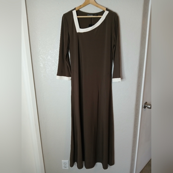 Attitudes by Renee Dresses & Skirts - NWT Attitudes by Renee Brown & White Long Sleeve Asymmetrical Maxi Dress Small